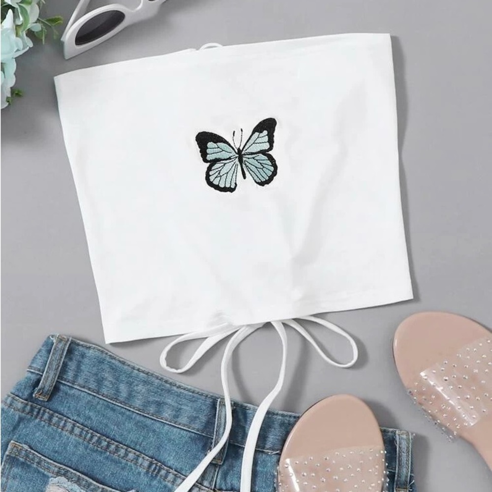 ROMWE Butterfly Embroidery Lace-Up Tube Top
